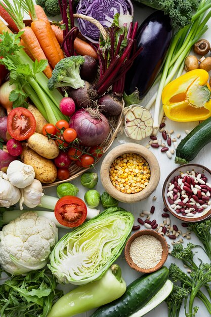 Verduras frescas planas laicos estilo de vida saludable