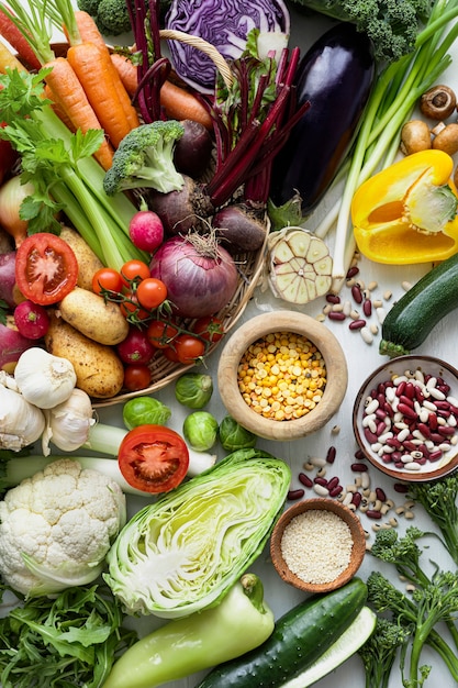 Verduras frescas planas laicos estilo de vida saludable