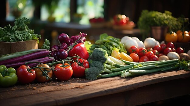 Verduras y frutas orgánicas expuestas en una mesa rústica de madera