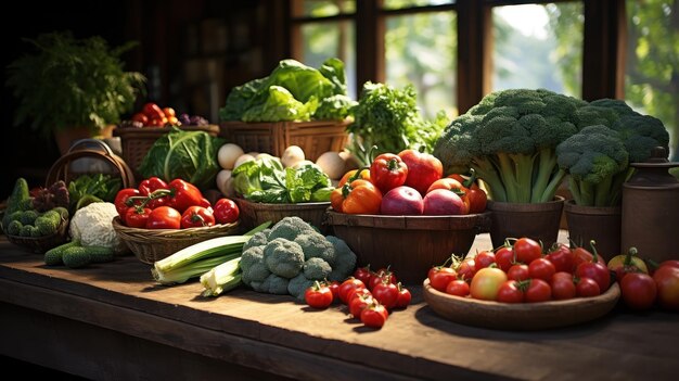 Verduras y frutas orgánicas expuestas en una mesa rústica de madera