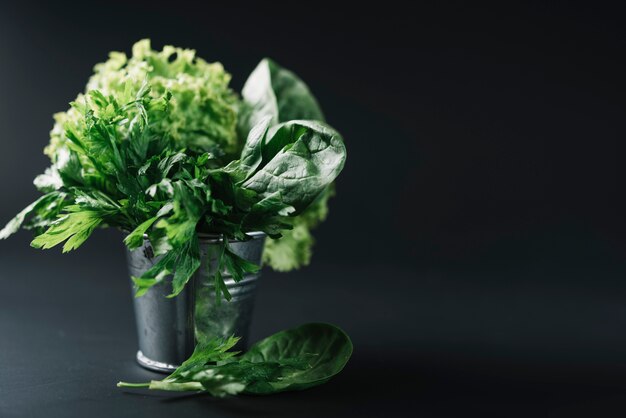 Verduras de hojas orgánicas en un cubo sobre fondo negro