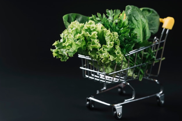 Verduras de hojas verdes frescas en carrito de compras sobre fondo negro