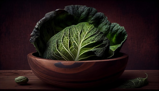 Verduras de hojas verdes frescas en un tazón rústico generado por IA