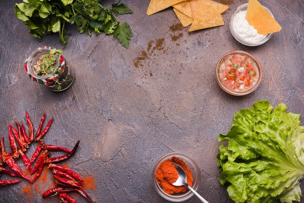 Verduras entre nachos con salsa y chile.