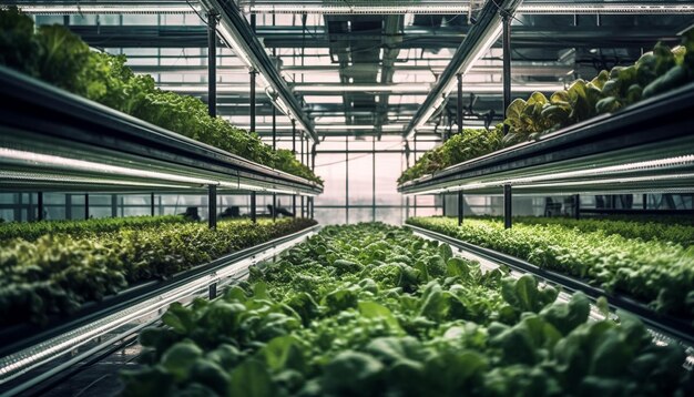 Verduras orgánicas frescas cultivadas en interiores en hidroponía generadas por IA