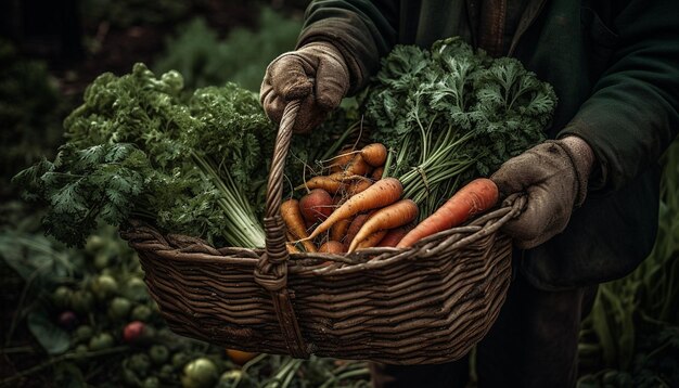 Verduras orgánicas recolectadas a mano en una canasta de mimbre generada por IA