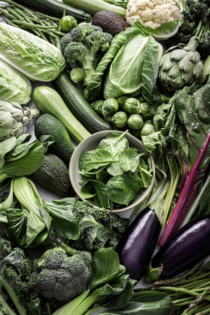 Verduras verdes planas laicos estilo de vida saludable