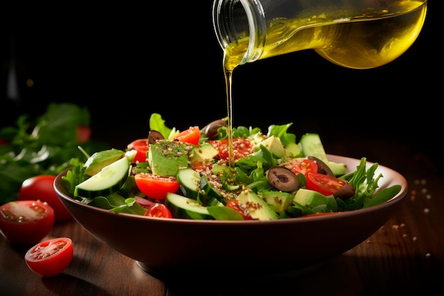 Foto gratuita verter aceite de oliva en una ensalada saludable aislada sobre un fondo blanco