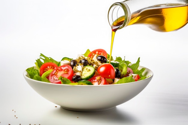 verter aceite de oliva en una ensalada saludable aislada sobre un fondo blanco