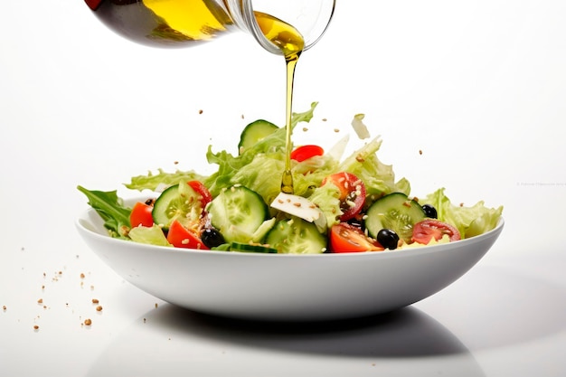 Foto gratuita verter aceite de oliva en una ensalada saludable aislada sobre un fondo blanco