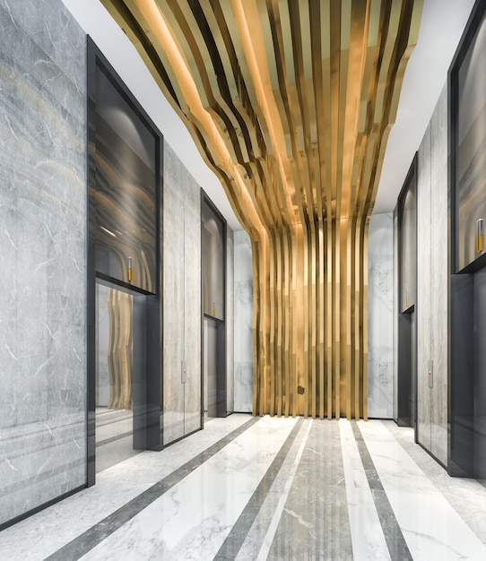 Vestíbulo de ascensor de acero moderno de representación 3d en hotel de negocios con diseño de lujo