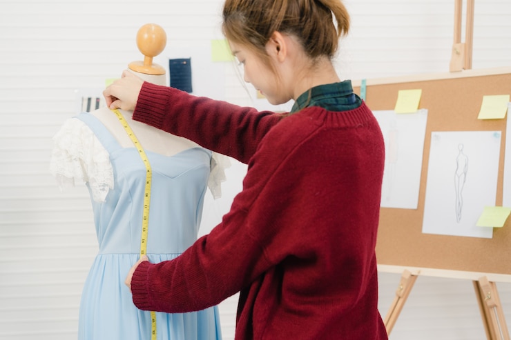 Foto gratuito vestido de medición de trabajo del diseñador de moda de sexo femenino asiático hermoso profesional en una ropa del maniquí