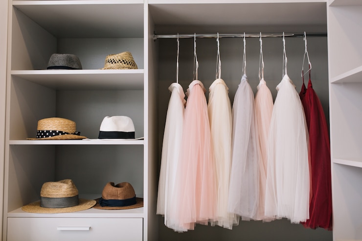 Foto gratuito vestidor moderno y luminoso con estantes. sombreros de moda, hermosos vestidos rosados y rojos colgados en el armario.