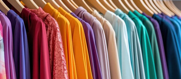 Foto gratuita vestidos coloridos de mujeres en perchas que muestran un concepto de moda y compras en una tienda minorista