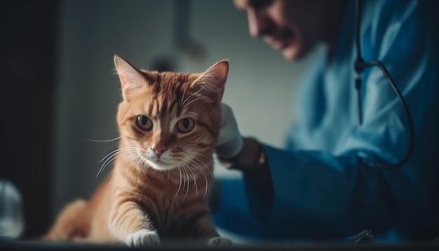 Veterinario caucásico examina lindo gatito felino en interiores IA generativa