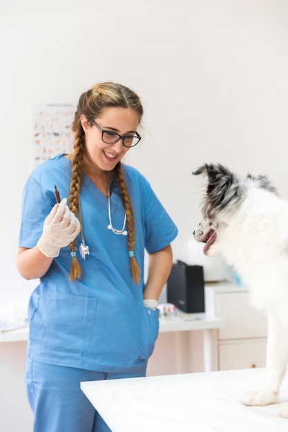 Veterinario de sexo femenino feliz con la inyección que mira el perro en la tabla
