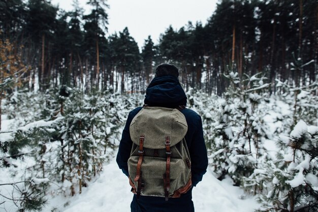 Viajero con mochila de viaje disfrutando de paisajes nevados en el bosque de pinos de invierno