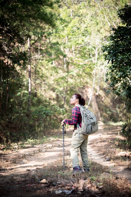 Foto gratuita viajero de la mujer con la mochila en el paisaje hermoso del verano.