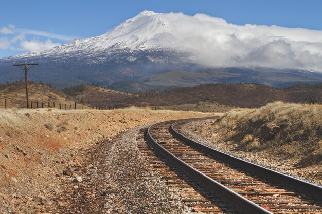 Vías de tren en medio de un campo vacío con una montaña nevada en la distancia