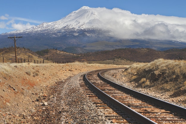 Vías de tren en medio de un campo vacío con una montaña nevada en la distancia