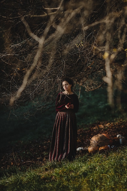 Las vibraciones del otoño. Estilo gótico. Mujer morena en paño rojo oscuro