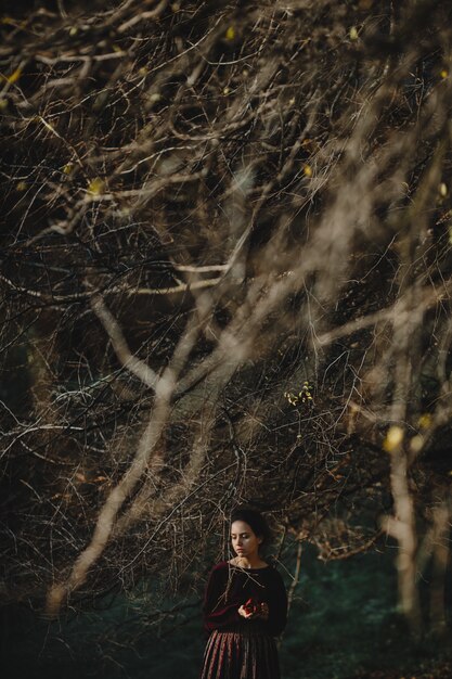 Las vibraciones del otoño. Estilo gótico. Mujer morena en paño rojo oscuro