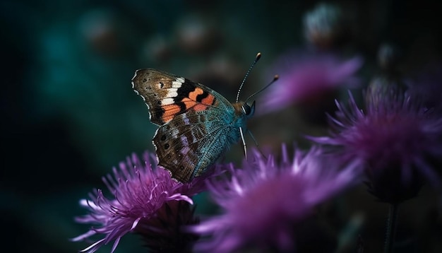 Foto gratuita vibrante ala de mariposa, belleza morada y amarilla generada por ia