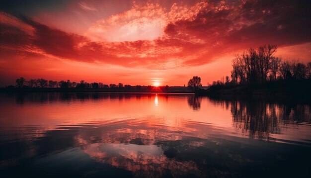 El vibrante atardecer se refleja en una escena de aguas tranquilas generada por IA