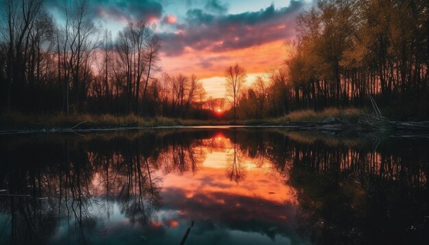 El vibrante atardecer se refleja en la tranquila superficie del agua generada por IA