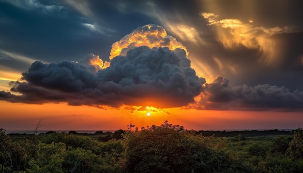 Foto gratuita vibrante cielo al atardecer sobre un tranquilo bosque otoñal generado por ia