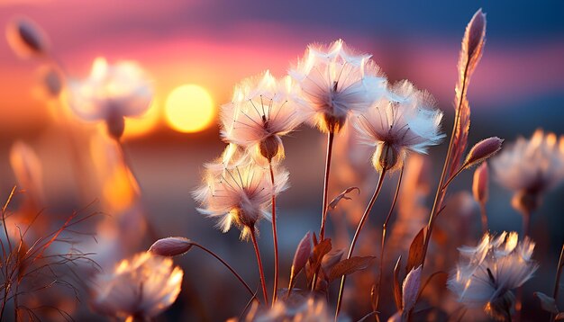 El vibrante cielo del atardecer ilumina las flores del prado que florecen en la naturaleza generadas por la inteligencia artificial