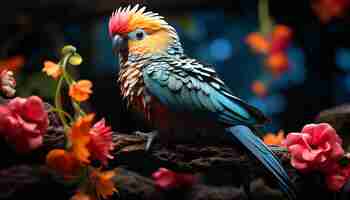 Foto gratuita vibrante guacamayo posado en una rama que muestra la belleza de la naturaleza generada por inteligencia artificial