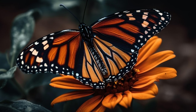 Vibrante mariposa monarca en pétalo de flor amarilla generada por IA