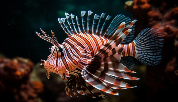 Vibrante pez león nada en un colorido arrecife de coral generado por IA