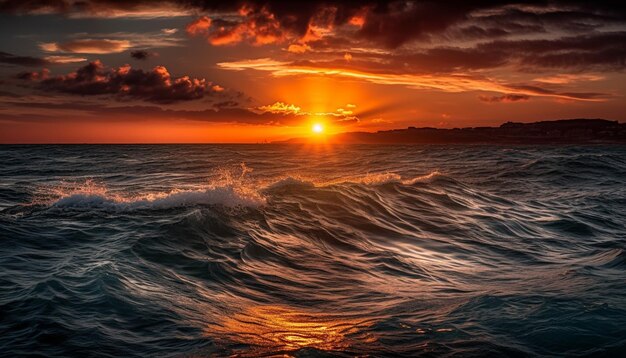 Vibrante puesta de sol sobre aguas tranquilas y arena generada por IA