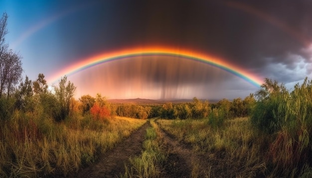 Los vibrantes colores del arco iris iluminan la tranquila escena rural generada por IA