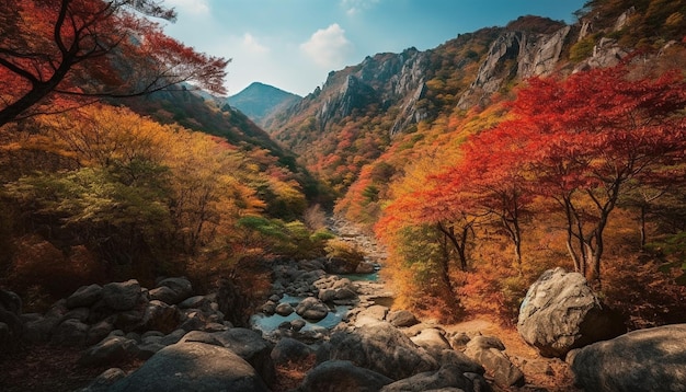 Foto gratuita vibrantes colores otoñales pintan una tranquila escena de paisaje de montaña generada por ia