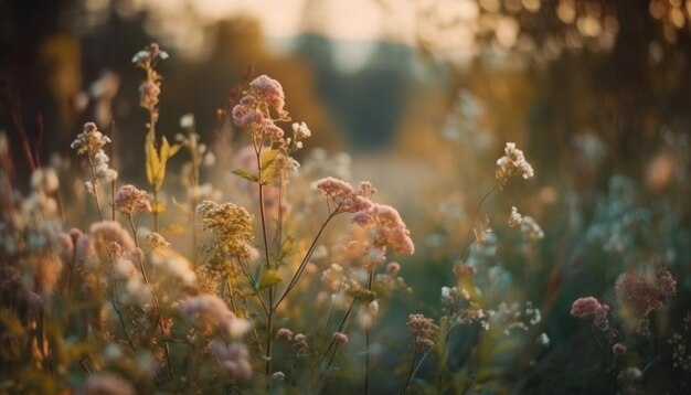 Vibrantes flores silvestres florecen en un apacible paisaje de pradera generado por IA
