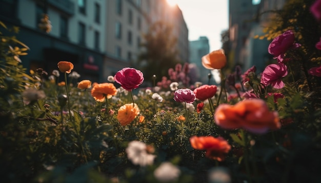 Vibrantes flores silvestres florecen en el atardecer del prado generado por IA