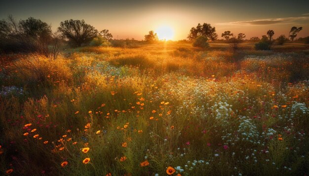 Vibrantes flores silvestres florecen en praderas tranquilas generadas por IA