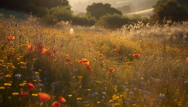 Vibrantes flores silvestres florecen en una tranquila pradera generada por IA