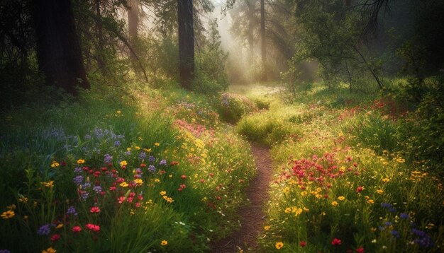 Vibrantes flores silvestres florecen en un tranquilo prado forestal al amanecer generado por IA
