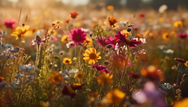 Vibrantes flores silvestres florecen en un tranquilo prado rural generado por IA