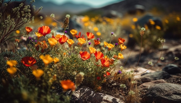 Vibrantes flores de tulipán adornan un tranquilo prado primaveral generado por IA