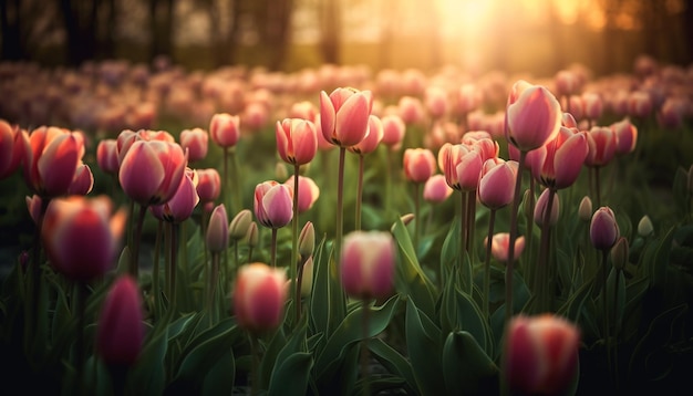 Vibrantes tulipanes en un prado exhiben la belleza primaveral generada por IA