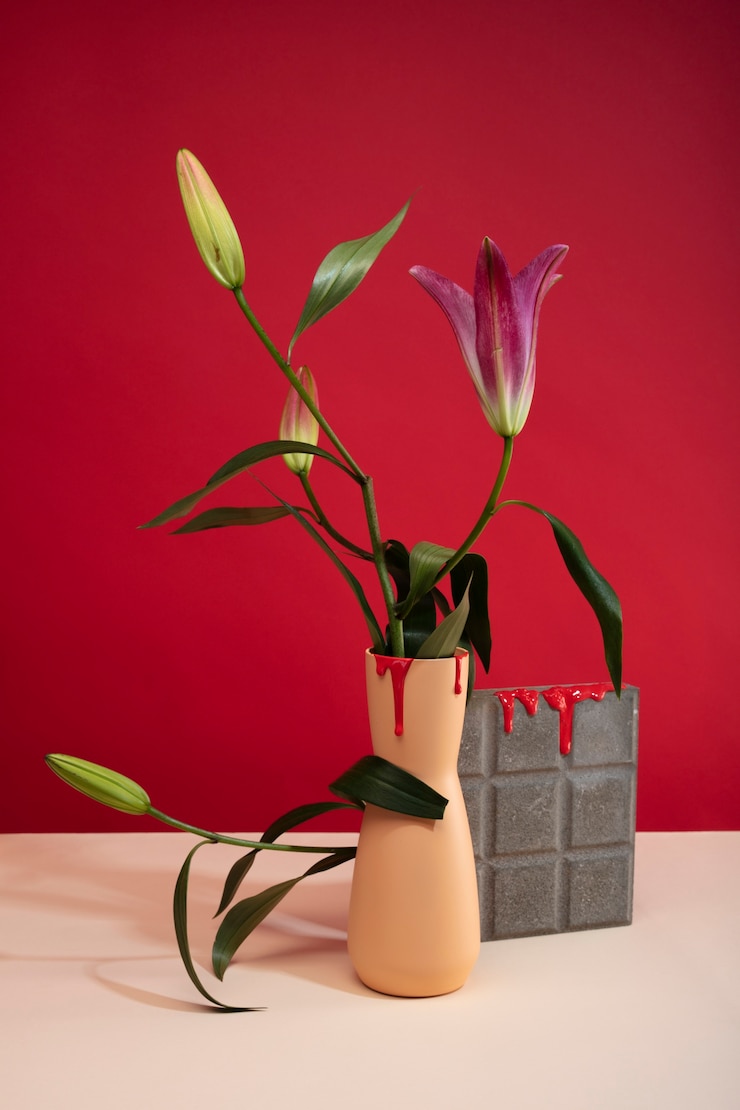 Foto gratuito vida muerta con hojas y flores de colores