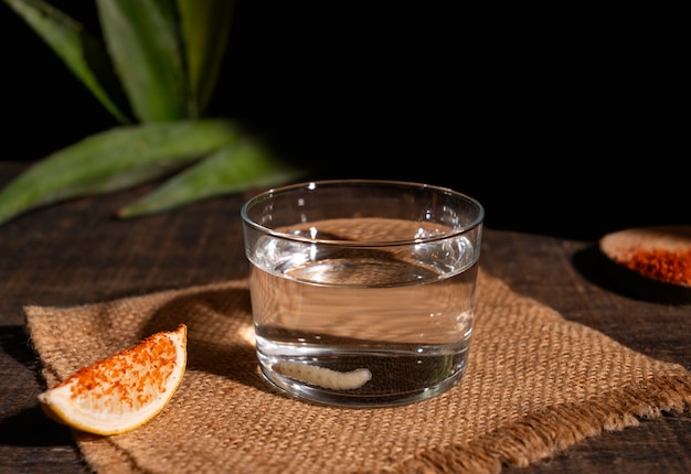 Foto gratuita vida muerta de mezcal con gusano maguey