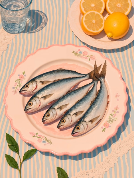 Vida muerta de pescado fresco, limones y vidrio en un plato rosado