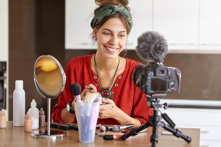 Foto gratuito video de maquillaje de filmación de vlogger femenina
