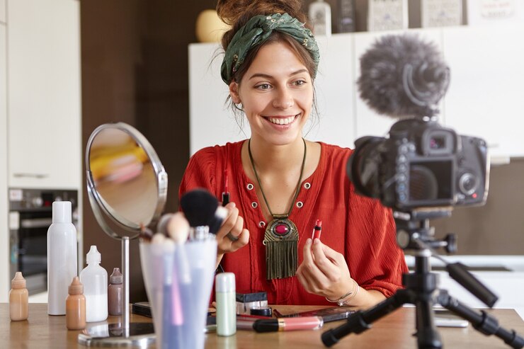 Foto gratuito video de maquillaje de filmación de vlogger femenina